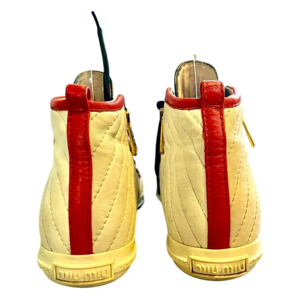 Miu Miu Prada Red White & Black Pointed Toe High Top Nappa Biker Sneakers - Image 7