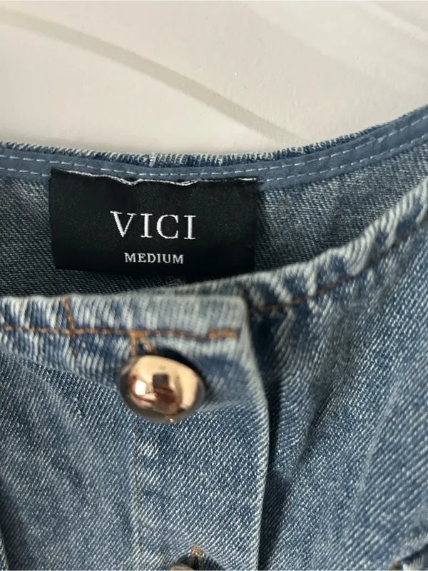 Vici Jamali Belted Denim Sleeveless Button Down Mini Dress Medium Wash - Image 7