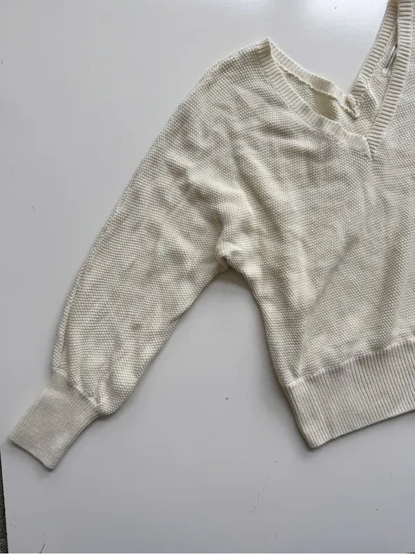Anthropologie Cream V-neck Waffle Knit Cotton Oversized Pullover Sweater Small - Image 2