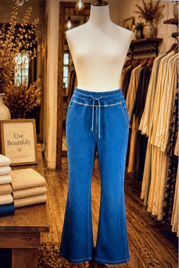 HALARA Denim Flare Knit Pants with Drawstring  - Image 3