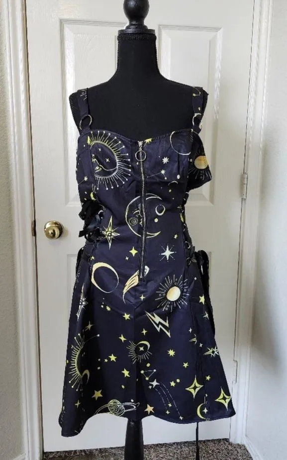 Black Celestial Print Dress Star Moon Lace Up Zipper XL - Image 2