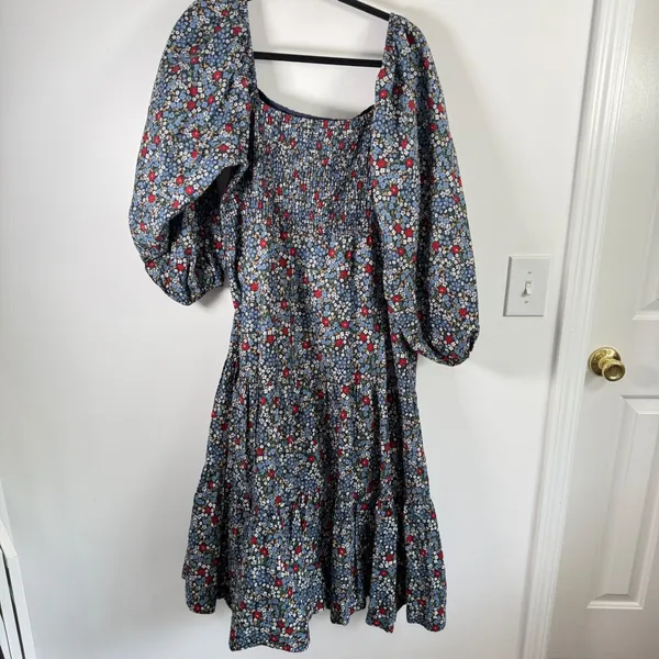 Summersalt Floral Smocked Puff Sleeve Cotton‎ Midi Dress Blue Red 2XL Plus Size - Image 8