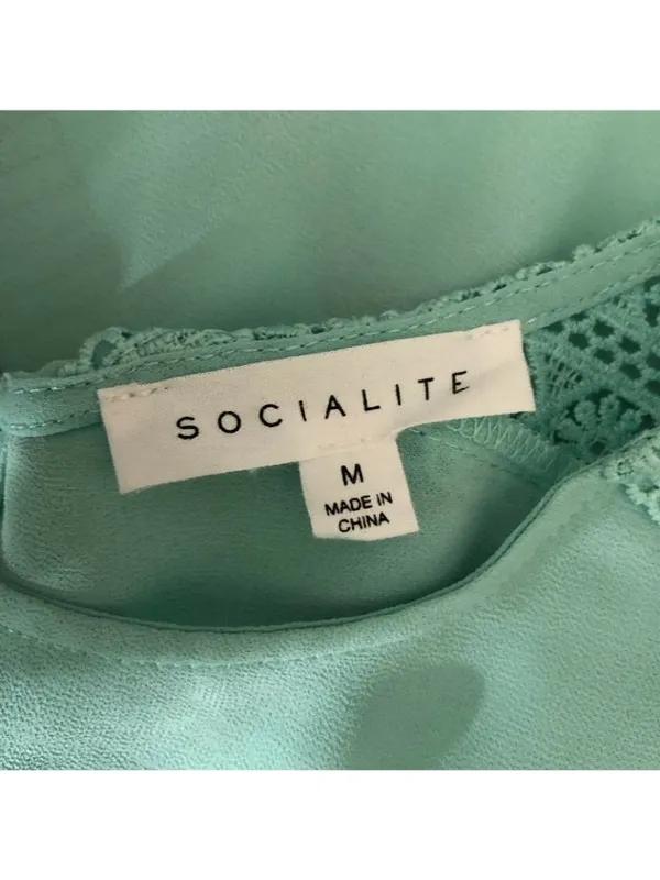 Socialite Womens Top Sheer Long Sleeve Shirred Gathered Hem Crochet Aqua Blue M - Image 3