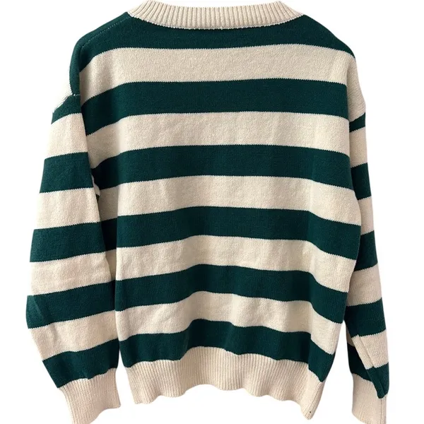 Long Sleeve Crew Neck Button Up Striped Sweater Cardigan Green White Size Large - Image 3