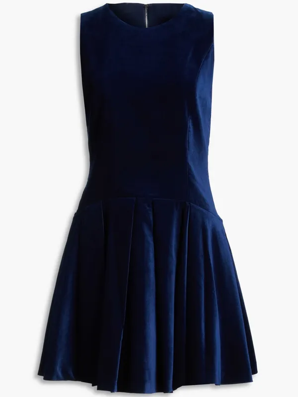 Alice + Olivia Navy Sleeveless Fit-and-Flare Dress Size 6 Adley Pleated Velvet - Image 10