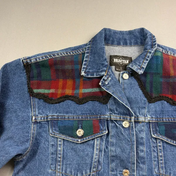 90s Vintage Jean Jacket Denim Trucker Jacket Western Plaid Wool Small - Image 6