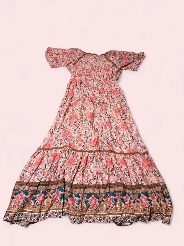 Pink Floral Maxi Dress with V-Neck and Flutter Sleeves - Image 3
