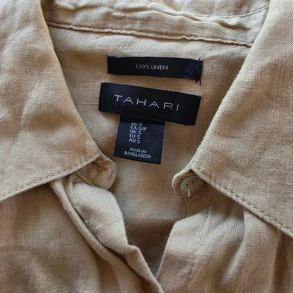 Tahari Womens 100% Linen Belted Button Down Shirt Dress Tan Beige Small - Image 3