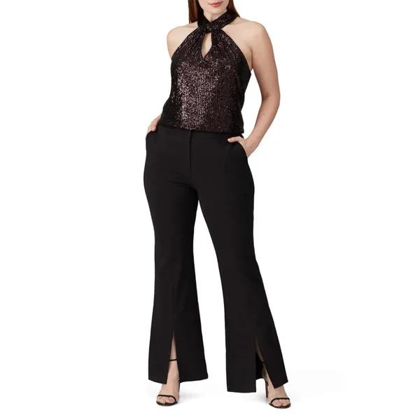 Parker Dallas Sleeveless Twist Halter Lined Burgundy Sequined Top Size Medium - Image 10