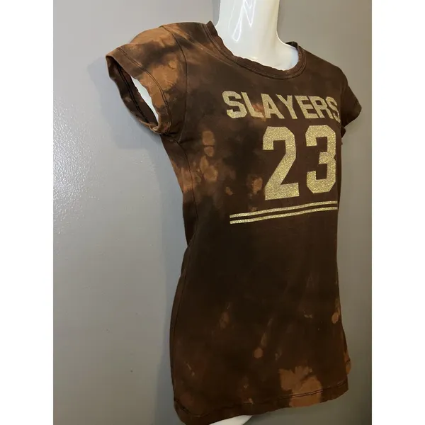 Source Unknown Slayers Shirt Womens Size XS Brown Bleach Dye Glitter 23 Graphic Tee Top - Image 3