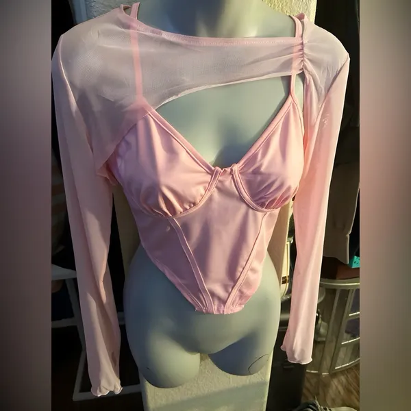 Pink Cut-Out Meladyan Women’s Sexy Long Sleeve Mesh Cover Corset Cami 2piece Top - Image 3