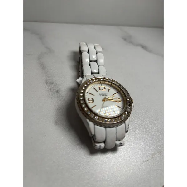 Embassy by Gruen White Enamel Crystal Bezel Quartz Watch Gold Tone Accents - Image 5