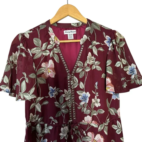 TOMMY BAHAMA Women's Painted Petal Midi‎ Floral Dress Metallic Embellished XS - Image 2