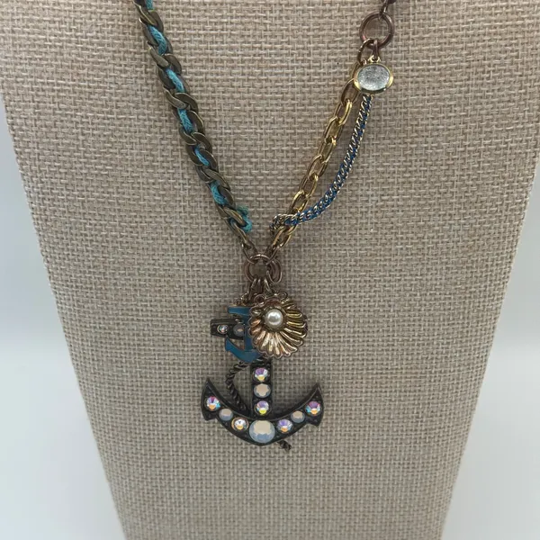 Betsey Johnson Blue Anchor‎ Charm Y2K Necklace Rhinestone Nautical - Image 3