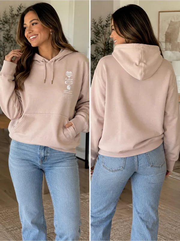 Carhartt Women's Pink Hooded Sweatshirt with White Logos - Image 2