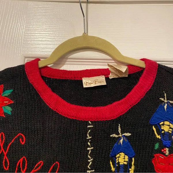 VTG 80s Bobbie Brooks Size S Vintage Holiday Sweater Black Embroidered Peace - Image 2
