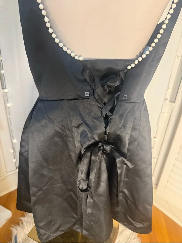 Wear Your Love Black Satin Pearl Trim Open Back Detachable Bow Mini Small NWT - Image 5