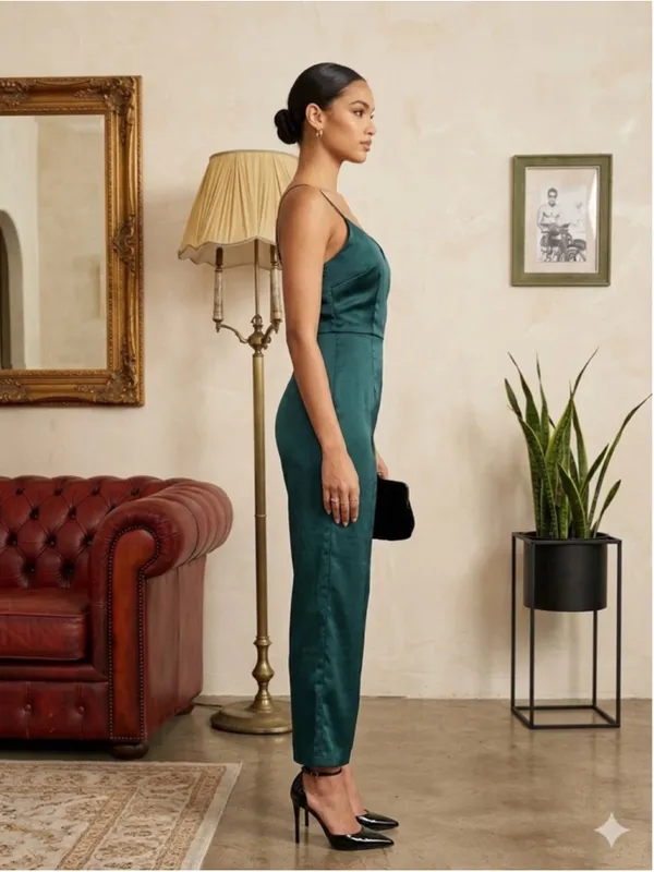 Lulus Emerald Green Satin Sleeveless Wide Leg Jumpsuit Size Small - Image 2