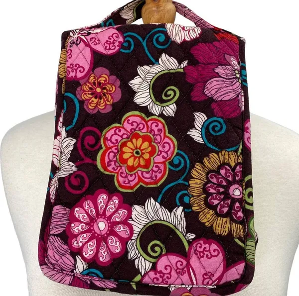 Vera Bradley Lunch Bag Foldover Floral Print Quilted Lunchbox Burgundy Pink - Image 3