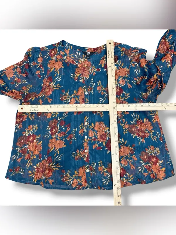 Frye Floral Metallic Jacquard Sheer Blouse Teal Blue Burnt Orange Large Boho - Image 11