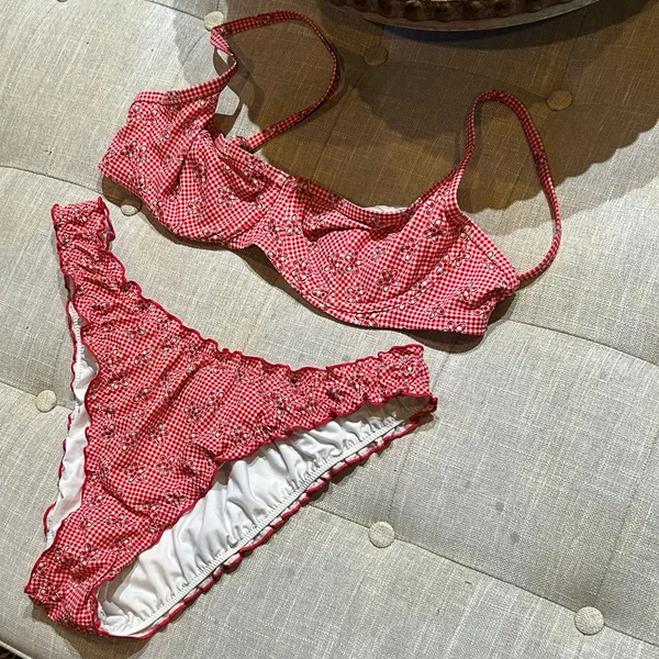 PINK By Frankies Bikinis Red Checkered Bikini Floral Bikini Top + Bottom Set - Image 2