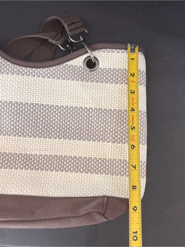 Thirty-One Canvas Crew Mini Taupe Straw Stripe Tote Bag Purse Beige Brown Bag - Image 10