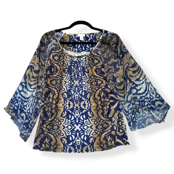 Chicos Women Sheer Blouse Blue Gold Ikat Boho Flowy Top Sz 2 US L Resort Coastal - Image 2