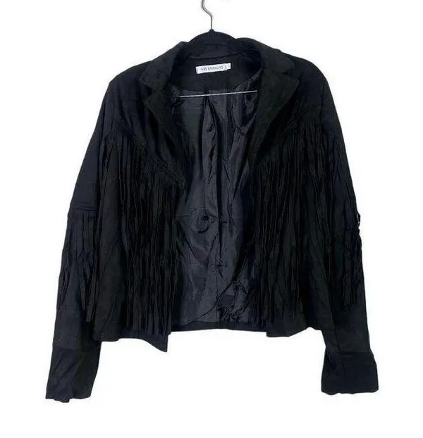 NEW! Western Fringe Soft Faux Suede Open Style Lined Jacket Coat M Black - Image 2