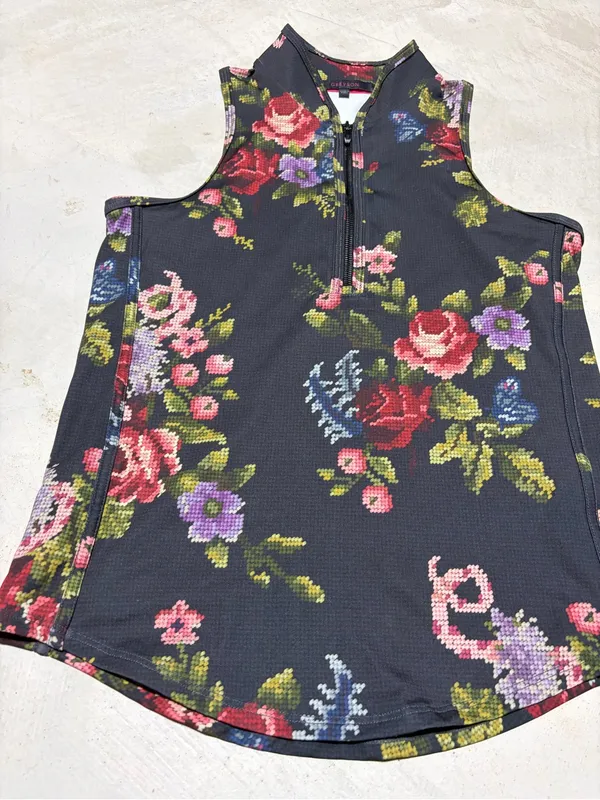 Greyson Floral Zip-Front Sleeveless polo golf Top small - Image 2