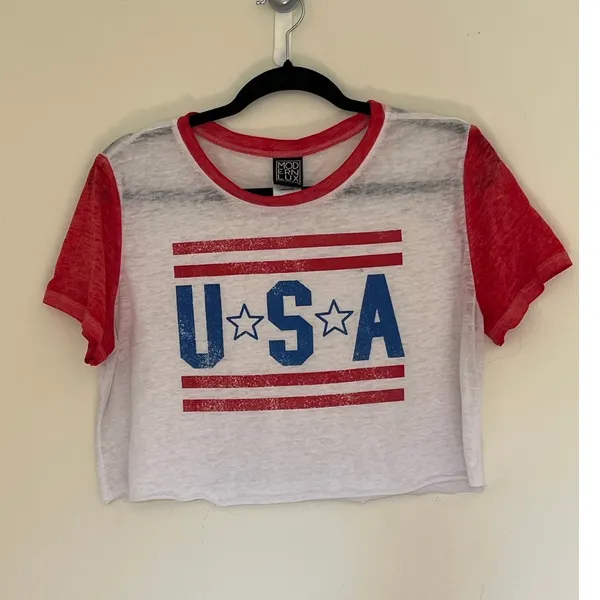 Modern Lux L USA Graphic Sheer Cropped T-Shirt Red White Blue Patriotic Preppy - Image 10