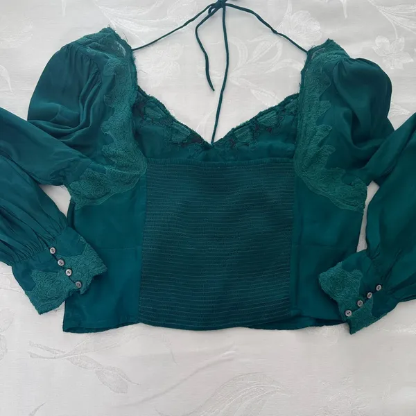 Free People Size-XL/T Women's Top Janelle Green Balloon Sleeve Lace Trim Smocked - Image 12