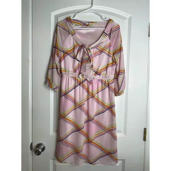 VTG Tulle Dress Small Powder Pink Chiffon Plaid Tie Neck Preppy Academia - Image 2