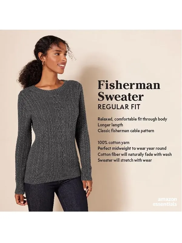 Amazon Essentials Cotton Cableknit Crewneck Sweater Ribbed Fisherman Style XXL - Image 10