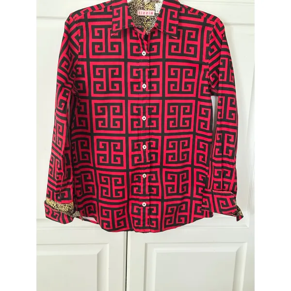 Tizzie‎ Red Black Greek Key Button Down Shirt Leopard Trim Small - Image 2