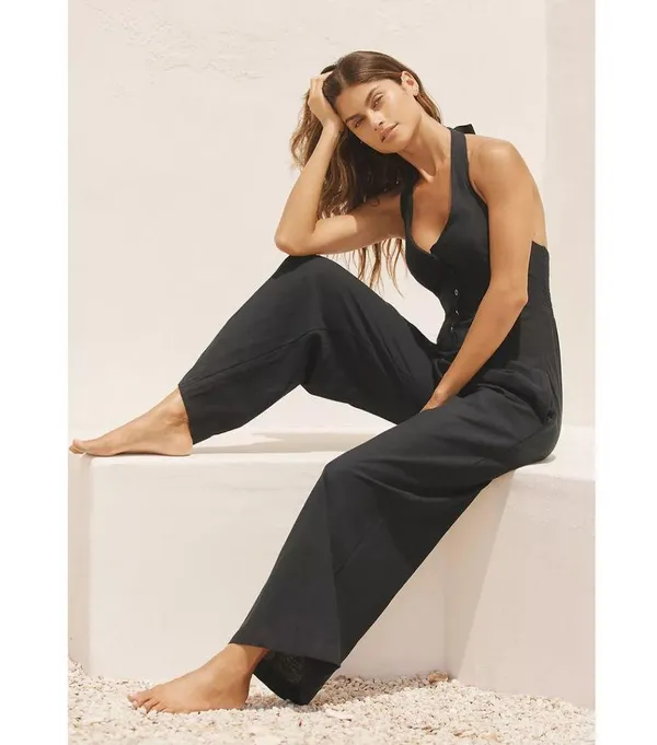 L*SPACE Alena Halter Wide-Leg Linen Jumpsuit in Black Size Small - Image 10