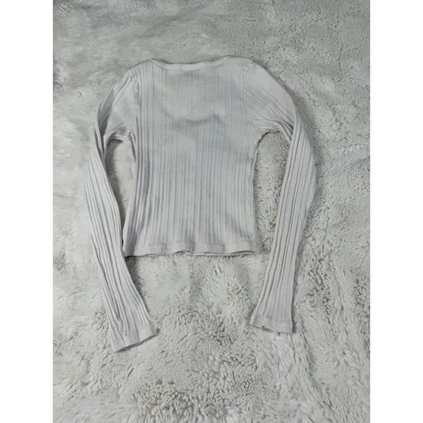 Brandy Melville White Ribbed Henley Long Sleeve Top - Image 2