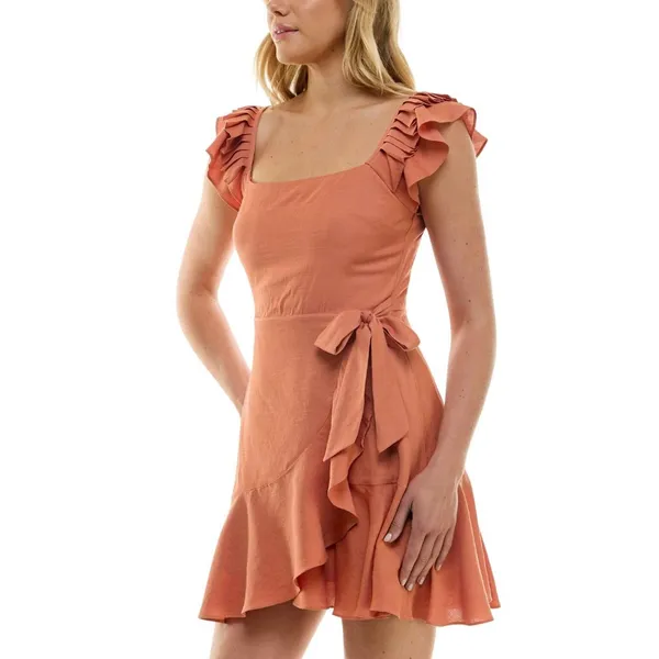 Trixxi Juniors Ruffle-Sleeve Faux-Wrap Dress 26ED087HWI Burnt Orange M - Image 8