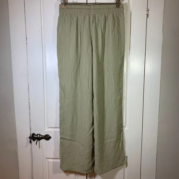 Primark Cares Womens Sage Green Wide Leg Crinkle Textured Drawstring Pants M‎ - Image 2