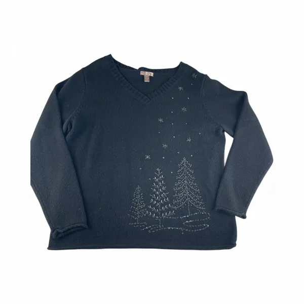 White Stag Women's V Neck‎ Long Sleeve Beaded Christmas Tree Sweater Black 2XL - Image 2
