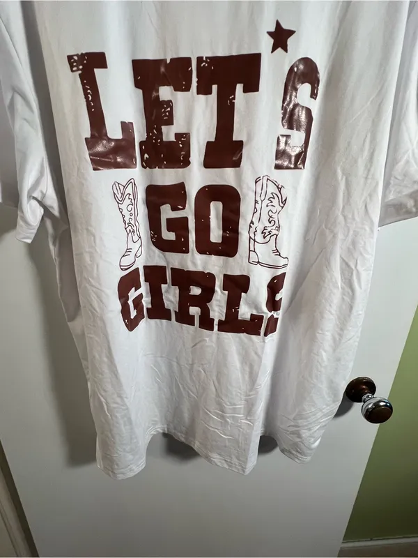 Women’s Size XL T-Shirt White Brown Let’s Go Girls Cowboy Boots Short Sleeve - Image 4
