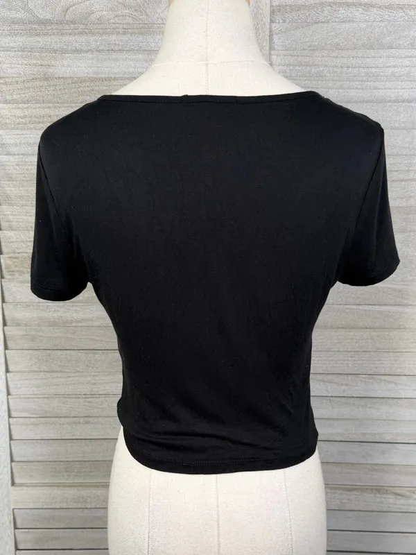 AMBIANCE Ruched Tie Front V Neck Crop Top Black-Large - Image 2