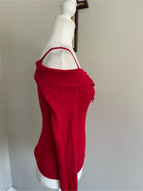 Guess Off-the-Shoulder Lace-Up Sweater in Red - Image 3