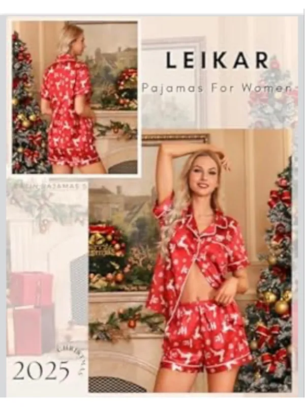 NEW Satin Pajamas Christmas Button Down Shorts Pajamas PJ Set Sleepwear XL - Image 2