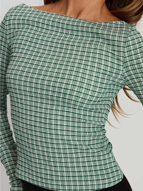 Princess Polly Every Second Boat Neck Long Sleeve Top Green Check - Image 3