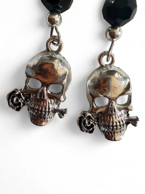 Handmade Silver Skull Rose Gothic Dangle Earrings - Image 2