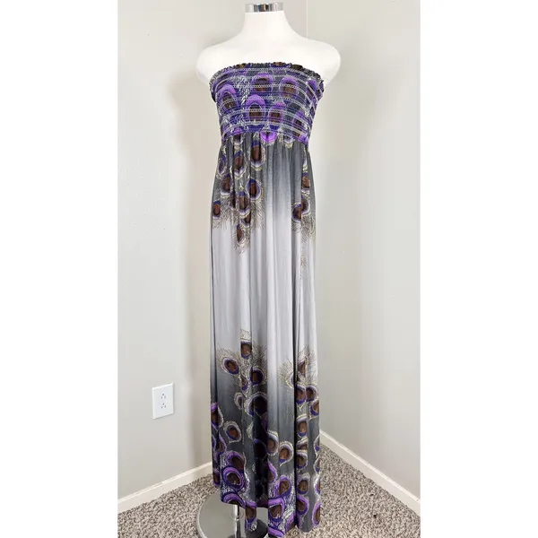 FOREVER 21 Y2K Strapless Maxi Dress S/P‎ Peacock Feather Print Smocked Bodice - Image 6