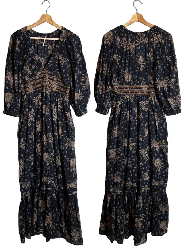 Free People Golden Hour Floral Maxi Dress Women's XS Black Ruffle Smocked Boho - Image 5