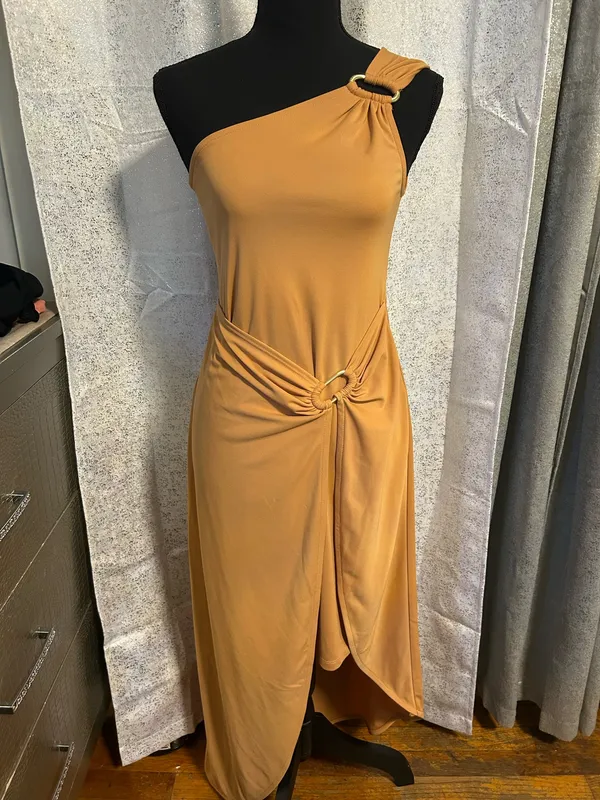 DKNY one shoulder dress in Saddle Tan  - Image 2
