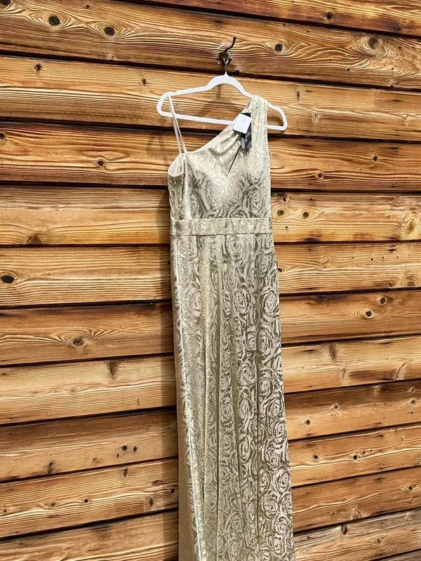 NWT BETSY AND ADAM "MARIAH" Gold FOIL KNIT ONE SHOULDER DRESS - Image 9
