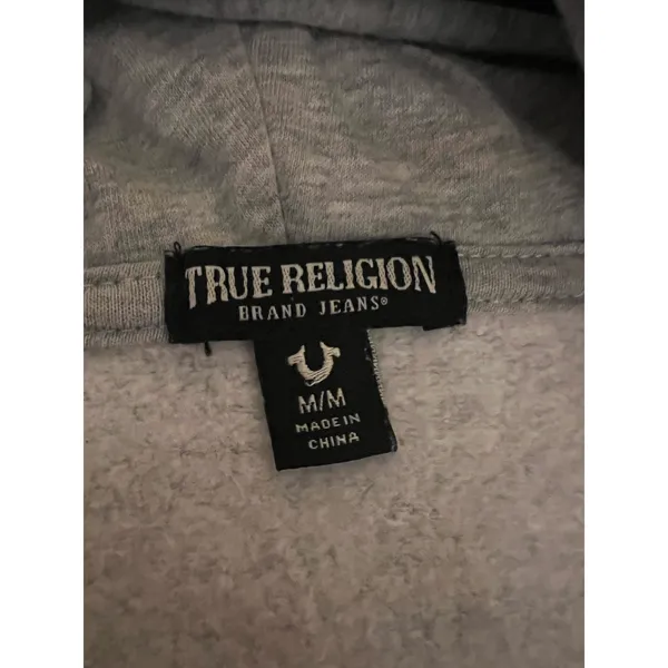 True Religion Grey Buddha Guitar Full Zip Hoodie Y2K Cropped 80% Cotton - Image 4